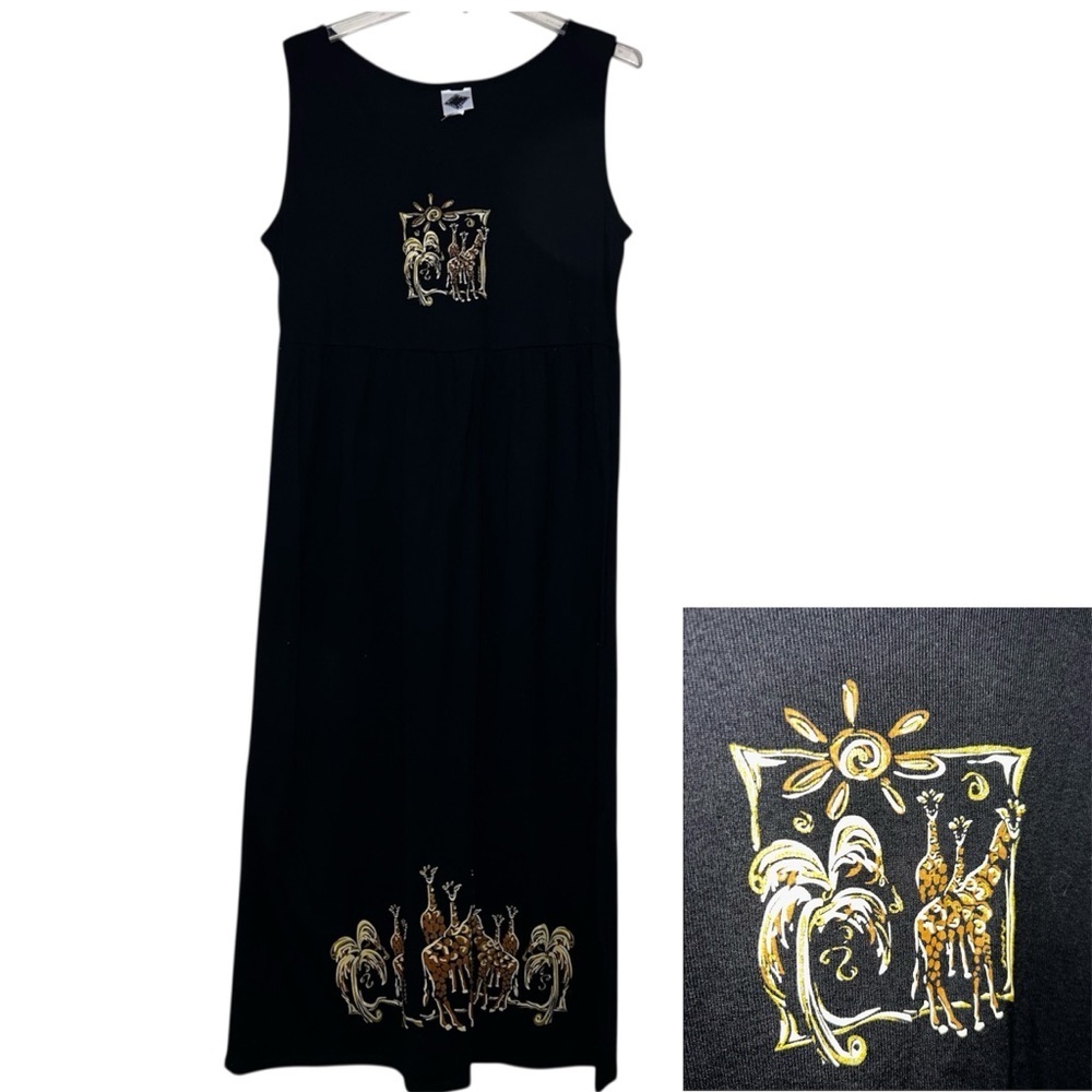 California Concepts Black Midi Dress Safari Giraffes Palm Trees Vintage Size 16